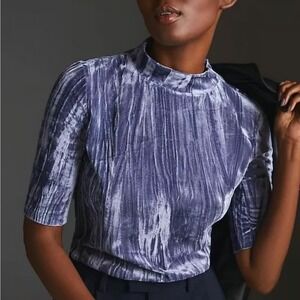 Pilcro Anthropologie Top Size XXS Slate Blue Crushed Velveteen‎ Mock Neck Twee